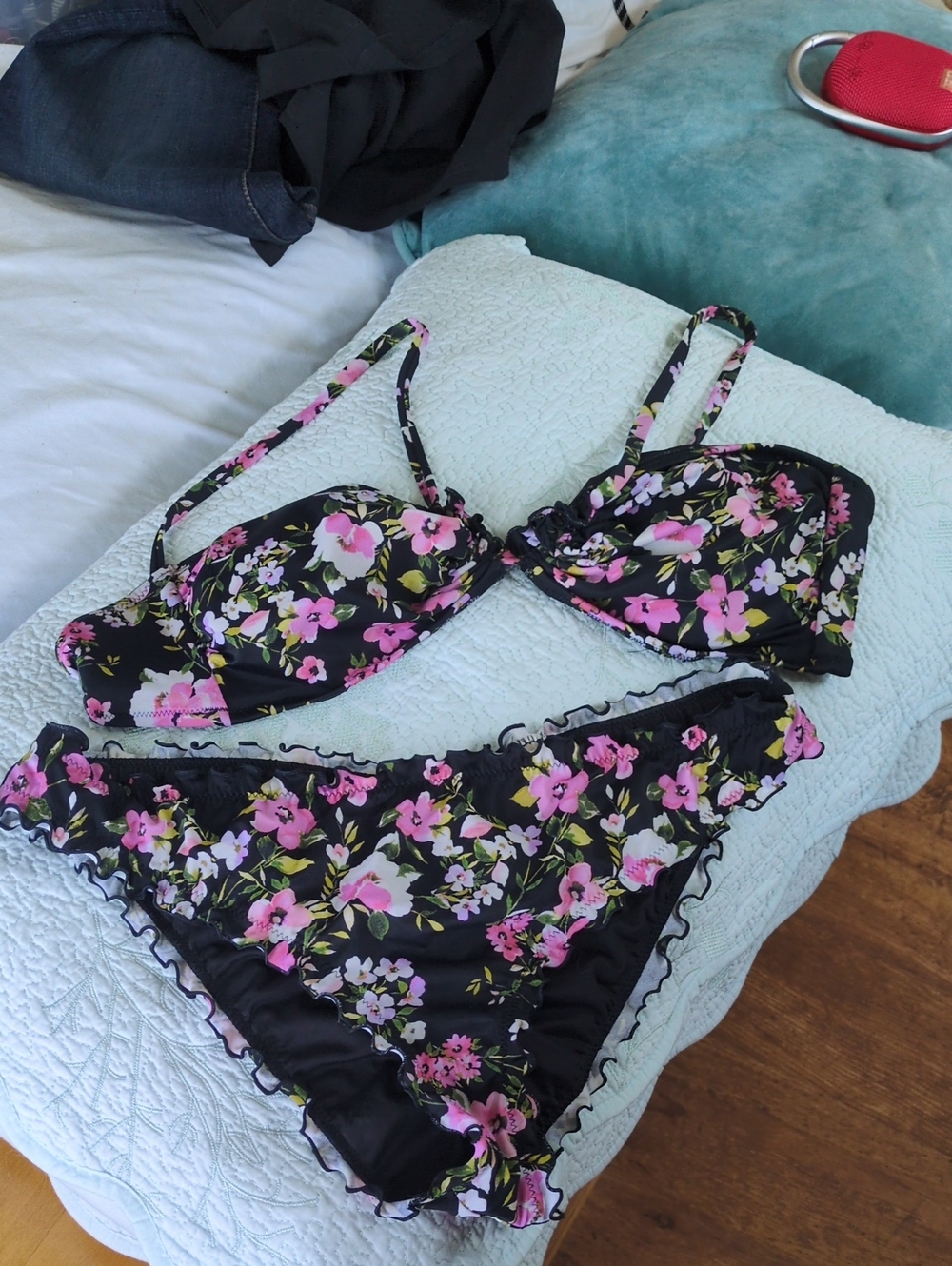 Shade & Shore Black Floral Ruffle Bikini with Pink Accents